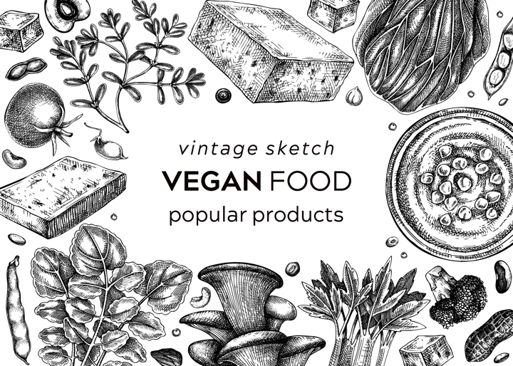 Vegan food vintage background. Healthy food banner template. Middle eastern cuisine frame. Hand-drawn vegan meals and ingredients for menu, recipe, and packaging design. Green food sketches